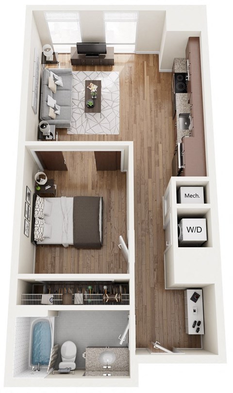 Floor plan for 1 bed, 1 bath, 592 sqft